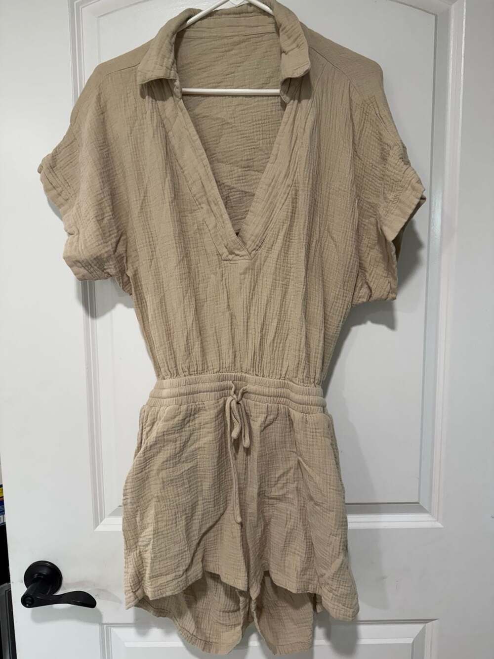 Gauze Romper Plunging V Neck Drawstring Waist Coastal Boho Neutral Size L